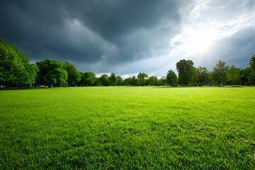 Obraz premium Lush green park landscape under dramatic sky