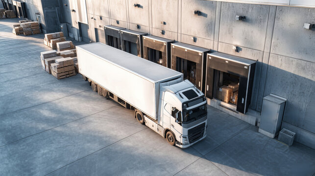 Truck loading cargo at a modern warehouse showcasing the transportation and logistics industry from a drone perspective
