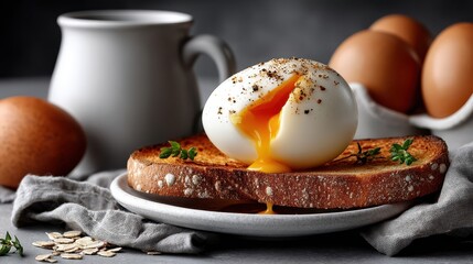 Breakfast of boiled egg and toasted bread served on a white plate on a gray table for a nutritious start to the day
