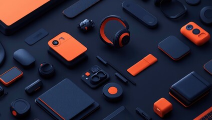 Dark background, tech devices in orange & black