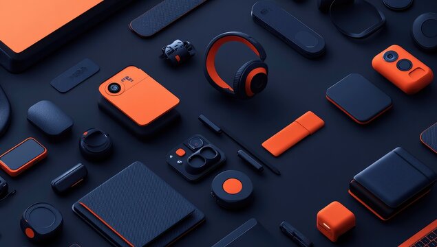 Dark background, tech devices in orange & black