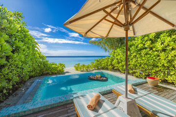 Relaxing tropical vacation scene floating breakfast private pool luxury beach resort. Leisure holiday sun chairs umbrella sunny palm trees amazing ocean view. Amazing exotic travel tourism background