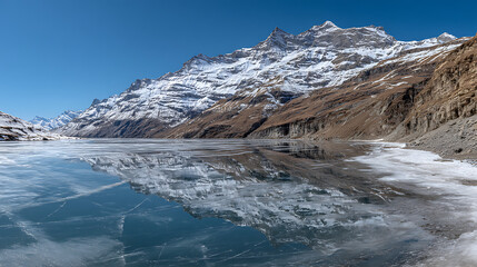 Majestic snow capped mountains reflected in a frozen alpine lake