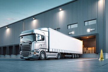 Obraz na płótnie Canvas Truck with white trailer parked at loading dock gate of modern warehouse during cargo loading process