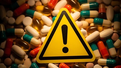 Medication Safety Warning Sign on Assorted Pills and Capsules