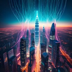 Futuristic Cityscape with Glowing Data Streams