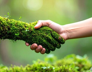 A human hand shakes a green moss-covered hand, symbolizing nature and ecological connection.