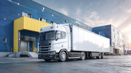Truck with white trailer loading at modern warehouse dock with blue and yellow color scheme