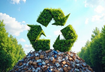 Green recycling symbol on a mound of waste in a sunny forest environment.
