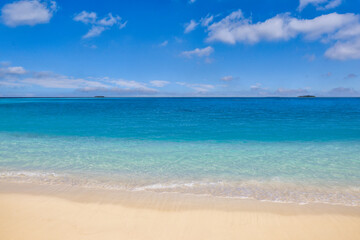 Sunny summer closeup sea sky landscape. Colorful ocean beach sunny day. Beautiful beach reflections calm waves, soft sandy beach. Stunning tropical coast horizon scenic coastline. Mediterranean nature