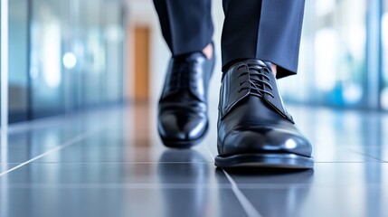 Fototapeta premium Man in business attire walks confidently on a sleek tile floor in an office environment, showcasing polished shoes