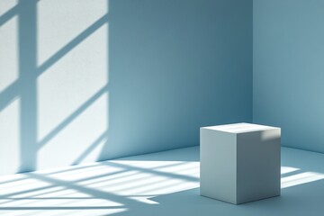 Light-filled corner studio with a white cube
