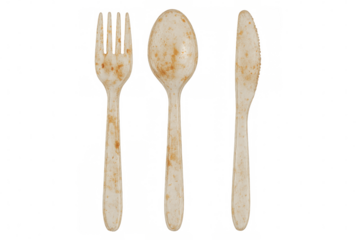 Fork, knife and spoon made of biodegradable material, stained and dirty after use, isolated on transparent background
