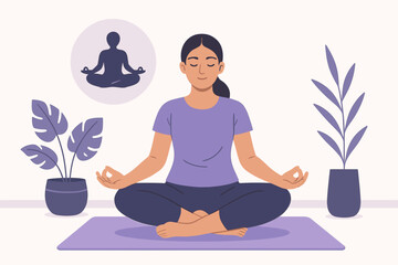 Modern Flat Style Woman Practicing Yoga Outdoors on Mat with Calm Nature and Decorative Plants Vector Illustration
