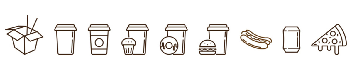 Fast food linear icons set isolated on transparent background. Pizza, coke, coffee, burger, doughnut, cupcake, wok food line icons. Coffee to go icons set. Editable stroke. 