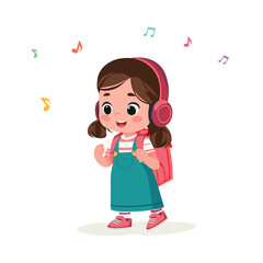 happy cute school girl listening to music cartoon vector illustration