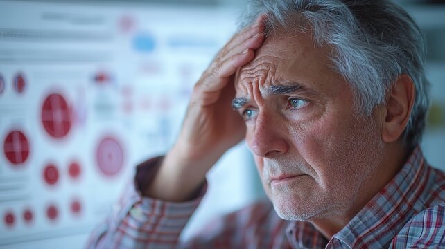 A concerned senior touches their forehead with a blurred medical chart in the background, symbolizing stroke risk awareness in a shallow depth of field composition.