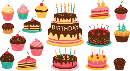 Colorful Birthday Cake and Cupcake Collection with Candles, Cherries, and Sprinkles for Celebrations flat vector illustration