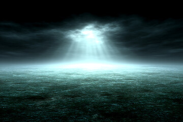 Dark moody landscape dramatic light rays heaven earth