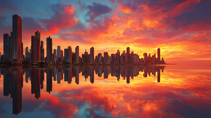 Vibrant city skyline reflected in calm waters at sunset