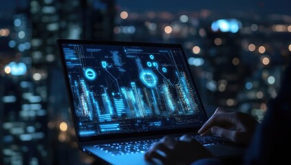 Laptop screen displaying futuristic data visualizations over a cityscape at night