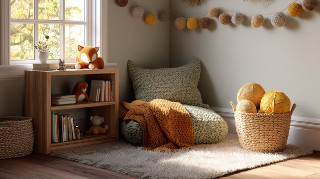 Cozy child's reading nook with floor cushion, books, and toys. Suitable for educational, child focused designs, and cozy home decor themes.
