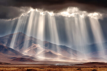 Majestic mountain landscape with crepuscular rays breaking through clouds