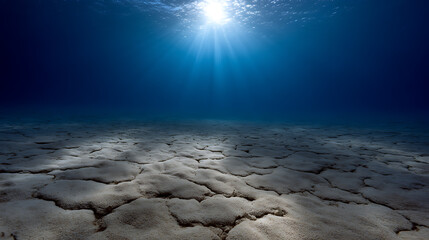 Sunbeams illuminate cracked ocean floor underwater scene