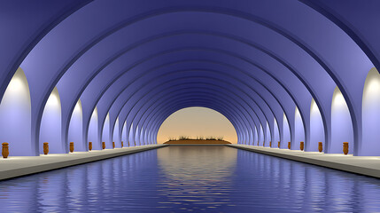 Serene purple archway tunnel reflecting pool tranquil oasis
