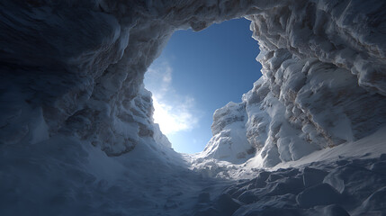 Snowy mountain pass viewed from a snow cave winter wonderland
