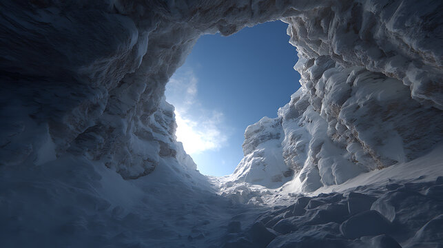Snowy mountain pass viewed from a snow cave winter wonderland
