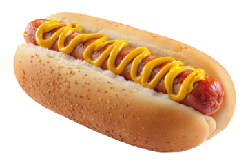 Delicious Hot Dog with Mustard on a Bun on transparent background