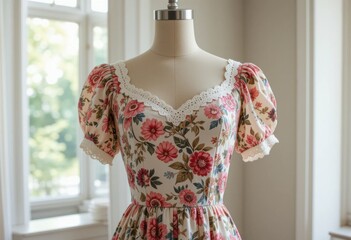 Vestido de verano floral para mujer con mangas abullonadas y ribete de encaje, maniquí sin cabeza, de pie bajo una suave luz natural