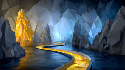 Low poly gold path winding through crystal cave