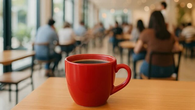 Red Mug of Comfort in a Lively Cafe: A striking red mug, filled with a comforting beverage, rests on a wooden table amidst the bustling atmosphere of a lively cafe, beckoning with warmth.