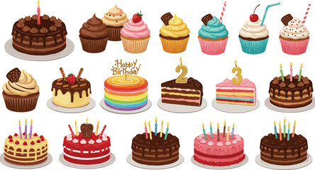 Colorful Birthday Cake and Cupcake Collection with Candles, Toppers, and Decorations for Festive Celebrations flat vector illustration