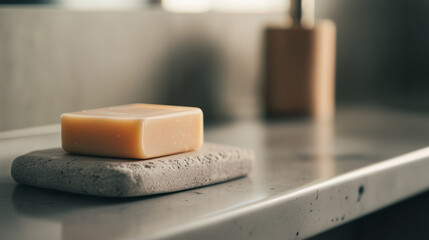 Soap bar resting on a stone dish in a modern bathroom setting during daylight