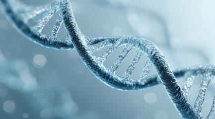 A detailed 3D rendering of a DNA double helix, rendered in cool, icy blue tones against a soft, blurred background