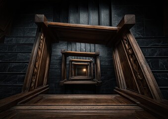 Dark, ornate wooden spiral staircase descending into a dimly lit interior