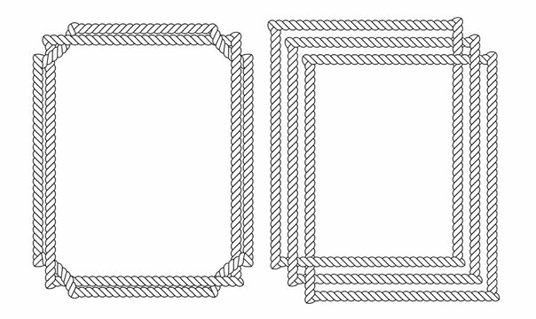 Hand drawn rope frame vector set, rectangular and layered style copy space, nautical vintage border design, perfect for labels, posters, certificates, invitations, or decoration.