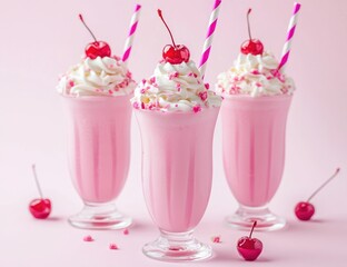 Delicious pink milkshakes topped with whipped cream and cherries.