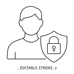 Obraz premium User security icon in minimal linear style with editable stroke. Profile avatar with locked shield representing account protection, privacy settings, user data security, access control.