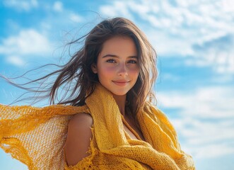 A young woman with wind-swept hair smiles against a bright blue sky.