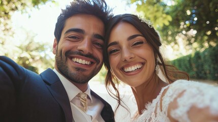 Joyful couple smiling in a sunlit garden, celebrating their wedding day.