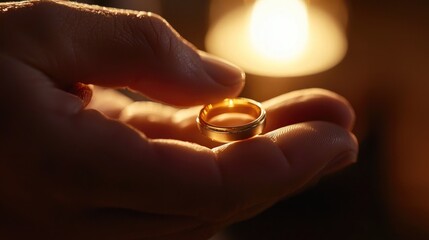 A hand holds a wedding ring illuminated by soft light, symbolizing love and commitment.