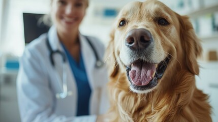 Friendly golden retriever with a smiling vet in a clinic setting.