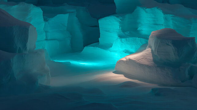 Arctic ice cave glowing teal light winter wonderland