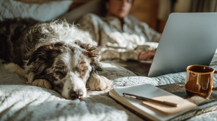 Cozy scene of a person working on a laptop with a dog resting beside them.