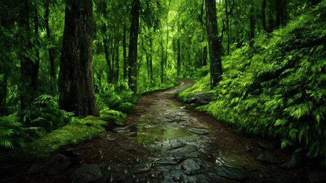 Forest pathway glistening after rainfall, bright green leaves shining under soft sunlight Misty forest trail with puddles and wet stones, fresh greenery all around Rain-soaked dirt path  dense jungle
