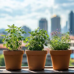 Potted herbs on a windowsill with a city skyline backdrop.